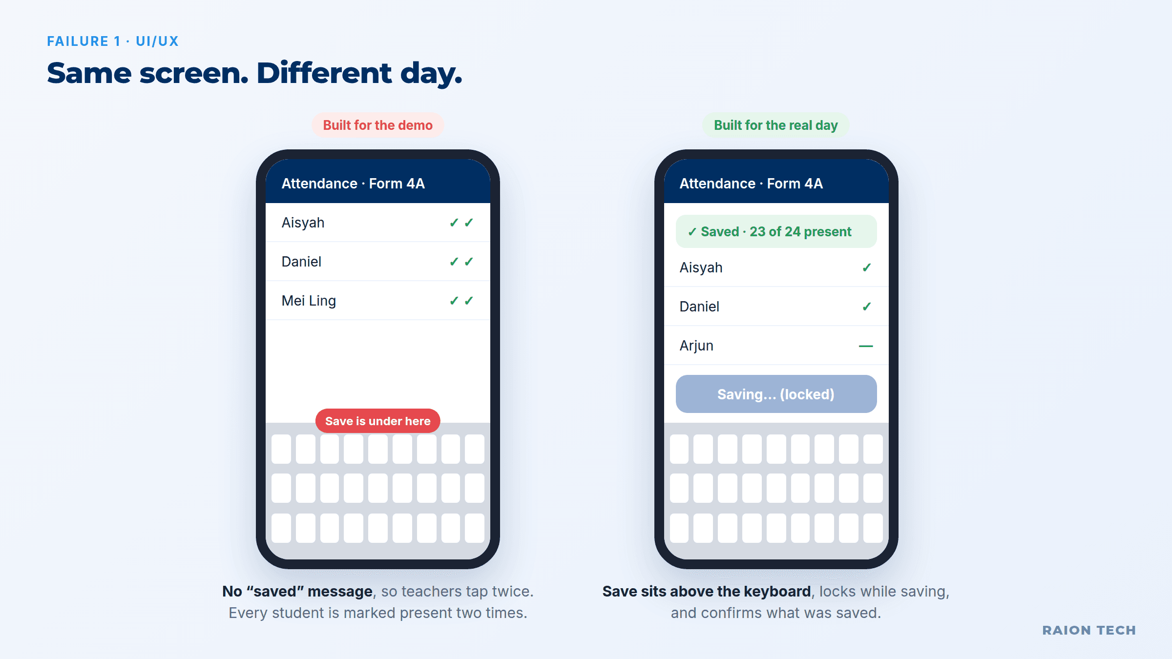 Vibe-coded app UI/UX problem: attendance screen with the Save button hidden under the phone keyboard versus a fixed screen with a visible save button and saved confirmation